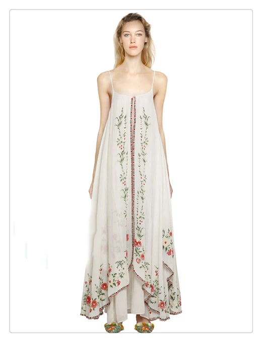 Boho цветочной вышивкой длинное платье регулируемые бретельки летние платья