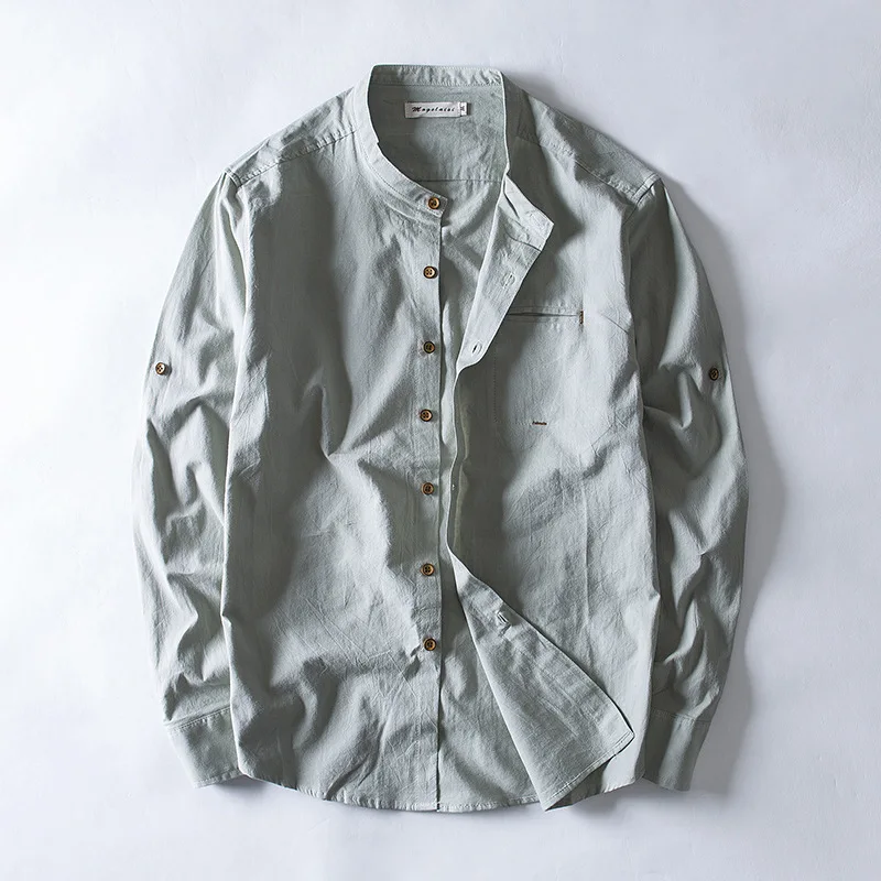 2018 new arrivals Men's stand collar long sleeve shirt with pocket white green blue summer casual shirts men cotton male | Мужская