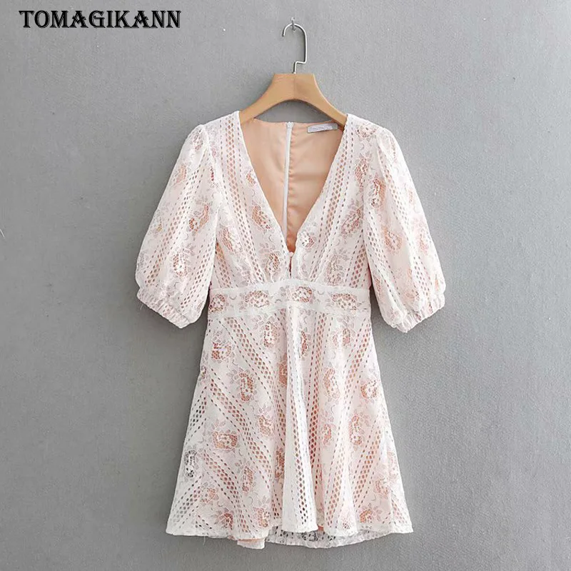 Винтажное открытое кружевное мини платье 2019 весеннее сексуальное Глубокий v