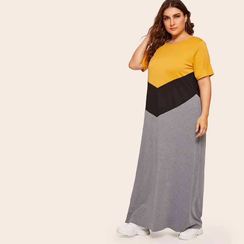 5XL размера плюс длинное платье Макси женское летнее с коротким рукавом контрастное разноцветное элегантное платье свободного кроя больше размера d женское платье-туника