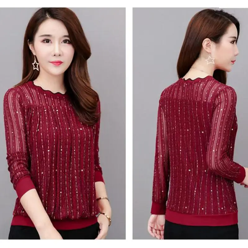 

Long Sleeve Gold Shiny Mesh Striped Lace Blouse Women Shirts 2020 Elegant Office Womens Tops and Blouses Plus Size Camisas Mujer