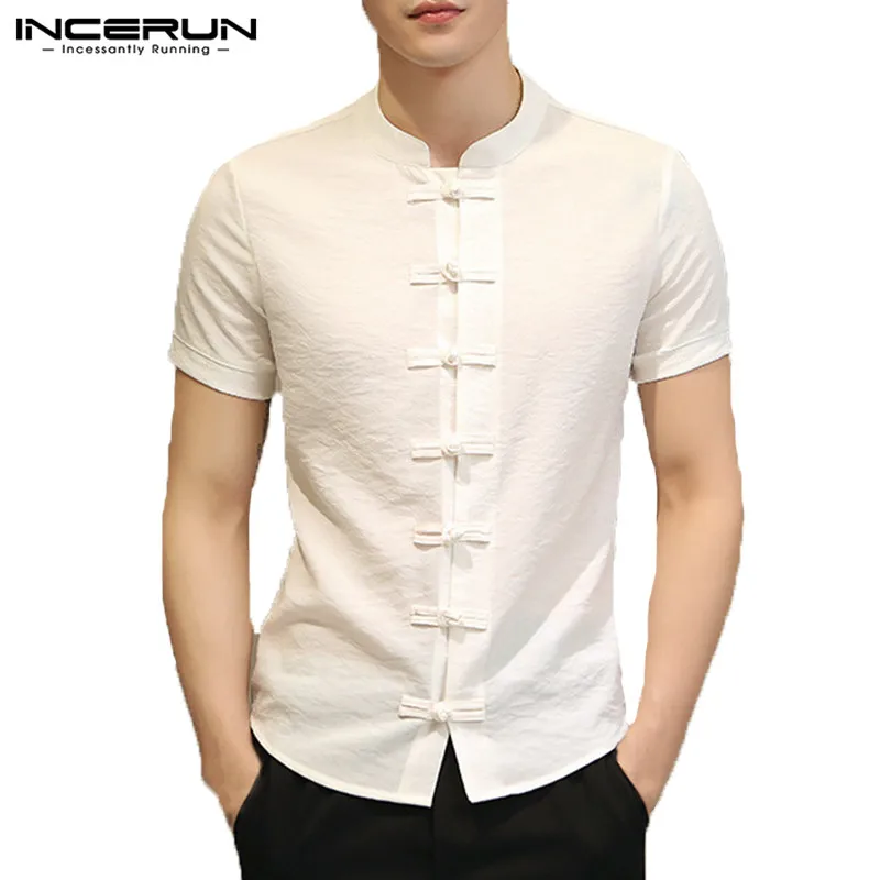 White Shirt INCERUN Традиционный китайский стиль рубашка мужская с коротким рукавом винтажная рубашка сплошной цвет облегающий Повседневный Мужская Повседневная рубашка - Цвет: White Shirt