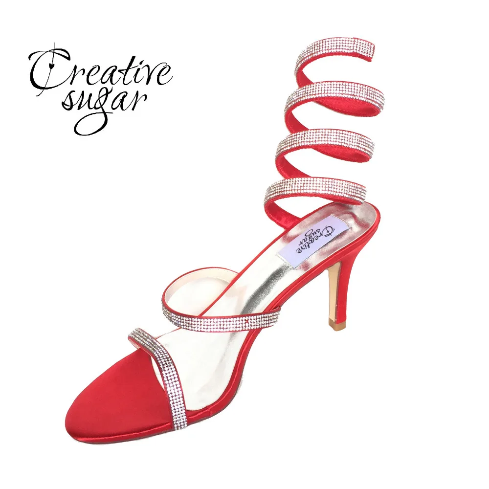 

Creativesugar Fashion spiral ankle strap rhinestone sandals summer woman shoes Gladiator high heels party night club 6 colors