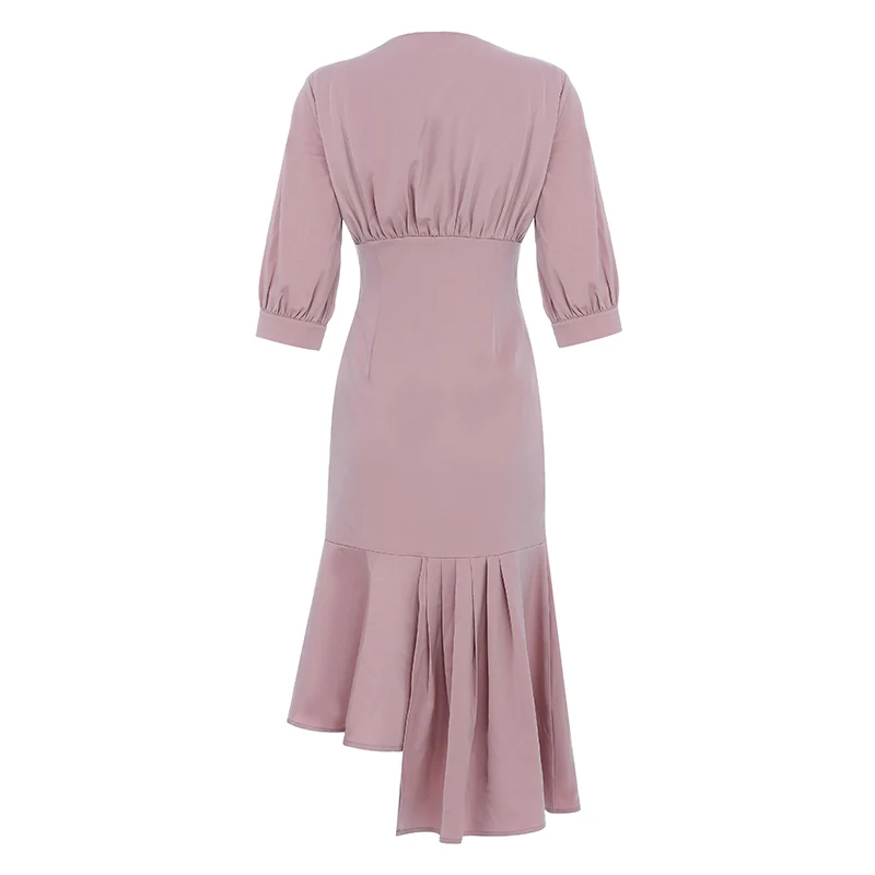 

Max Spri 2019 New Elegant Women V Neck Half Lantern Sleeves Asymmetrical Flounce Hem Turmpet Fashion Slim Party Midi Dress