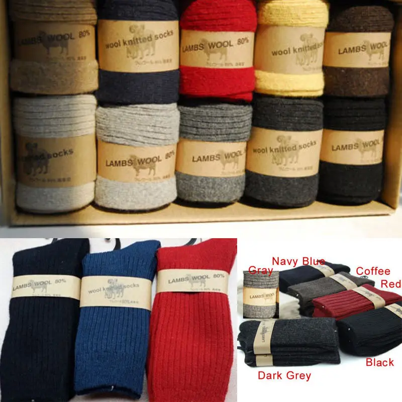 80% Lamb Wool Mens Solid Socks Thick Boot Socks 7 Colors
