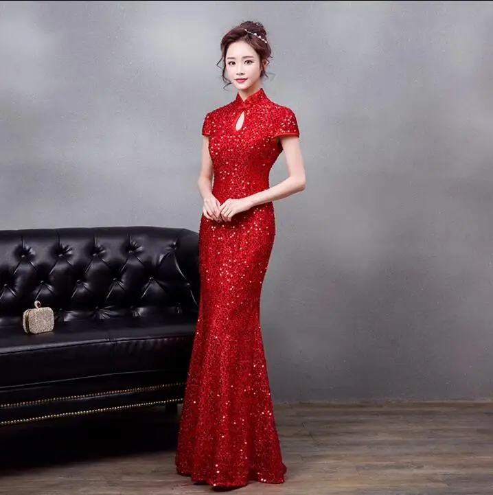 

Red Long Qipao Sequin Mermaid Wedding Bridal Cheongsam Chinese Traditional Women's Evening Host dresses