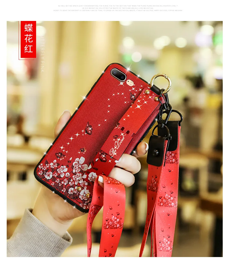 Vintage for iPhone Xs Max 8 Glitter 7 6s Plus All-inclusive Shine Diamond Soft Silica Gel Back Cover Hand Strap Flower Ribbon |