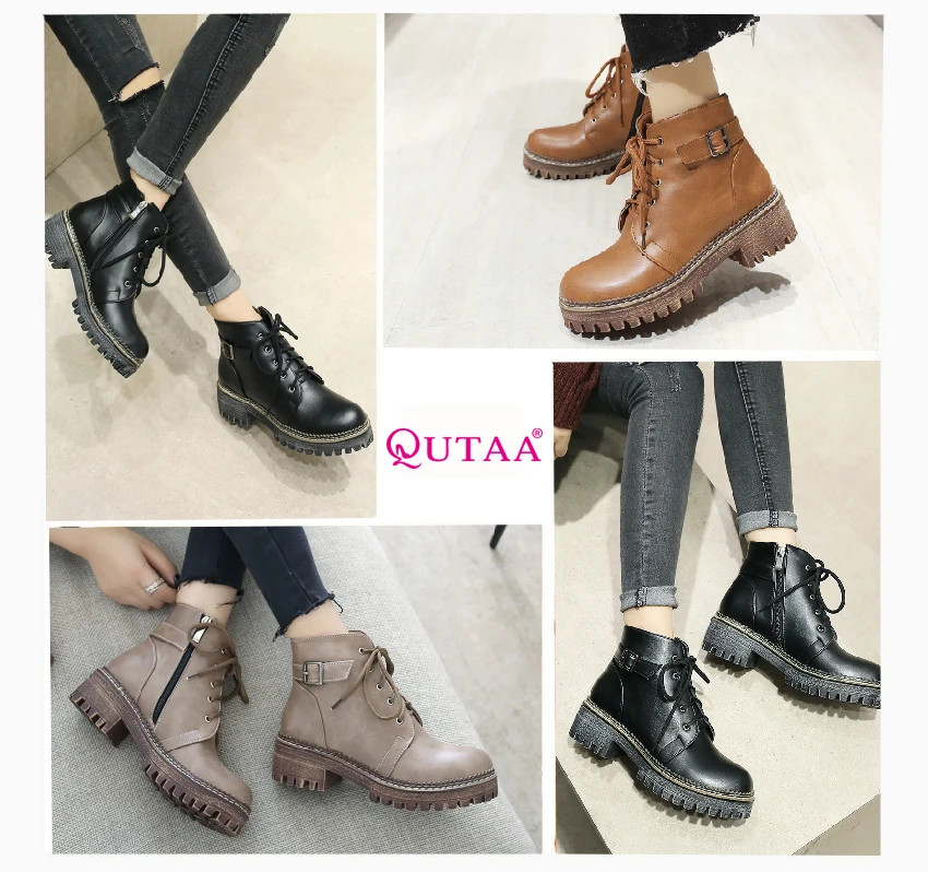 QUTAA/ женские ботильоны модные женские мотоботы на шнуровке с круглым носком в западном стиле; сезон весна-осень; квадратный каблук размеры 34-43