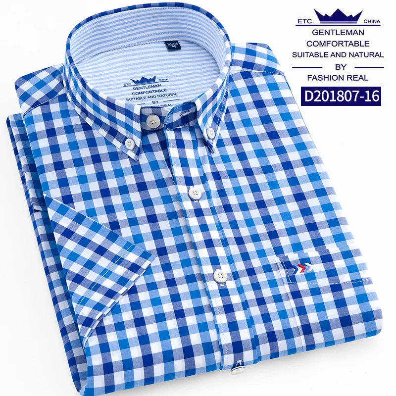1807 16 Blue plaid Тонкая летняя мужская рубашка с коротким рукавом, хлопок, приталенная однотонная оксфордская деловая рубашка в клетку, Мужская официальная рубашка на пуговицах с карманом - Цвет: 1807 16 Blue plaid