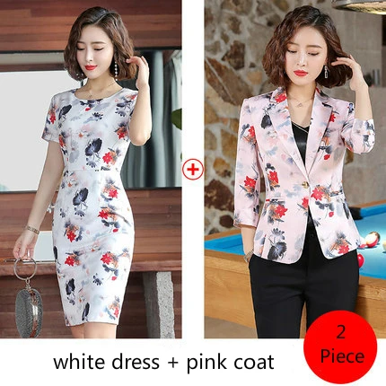 pink coat dress Костюм для женщин Весна Лето 3/4 рукав тонкие цветы блейзеры с принтом офисные женские модные элегантные рабочие повседневные Костюмы - Цвет: pink coat dress