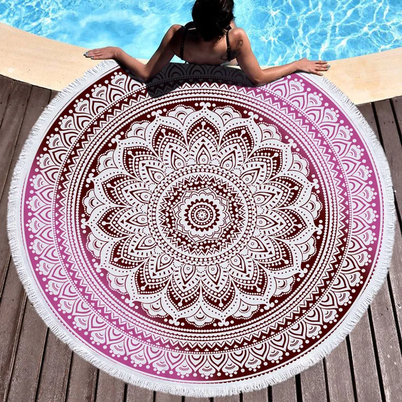 Lannidaa-tapiz de Mandala de la India, Toalla de playa redonda de microfibra rosa con borlas para adultos, manta de Toalla Bohemia, esterilla de Yoga de 150CM
