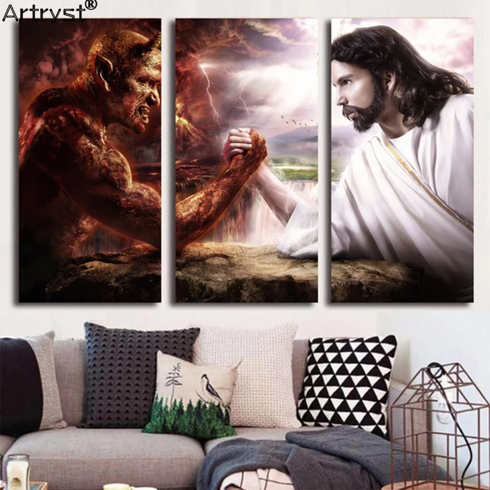 Artryst HD Printed Pictures Canvas Home Decor Room 3 Pieces Jesus Christ Arm Wrestling With Devil Painting Wall Art Posters | Дом и сад