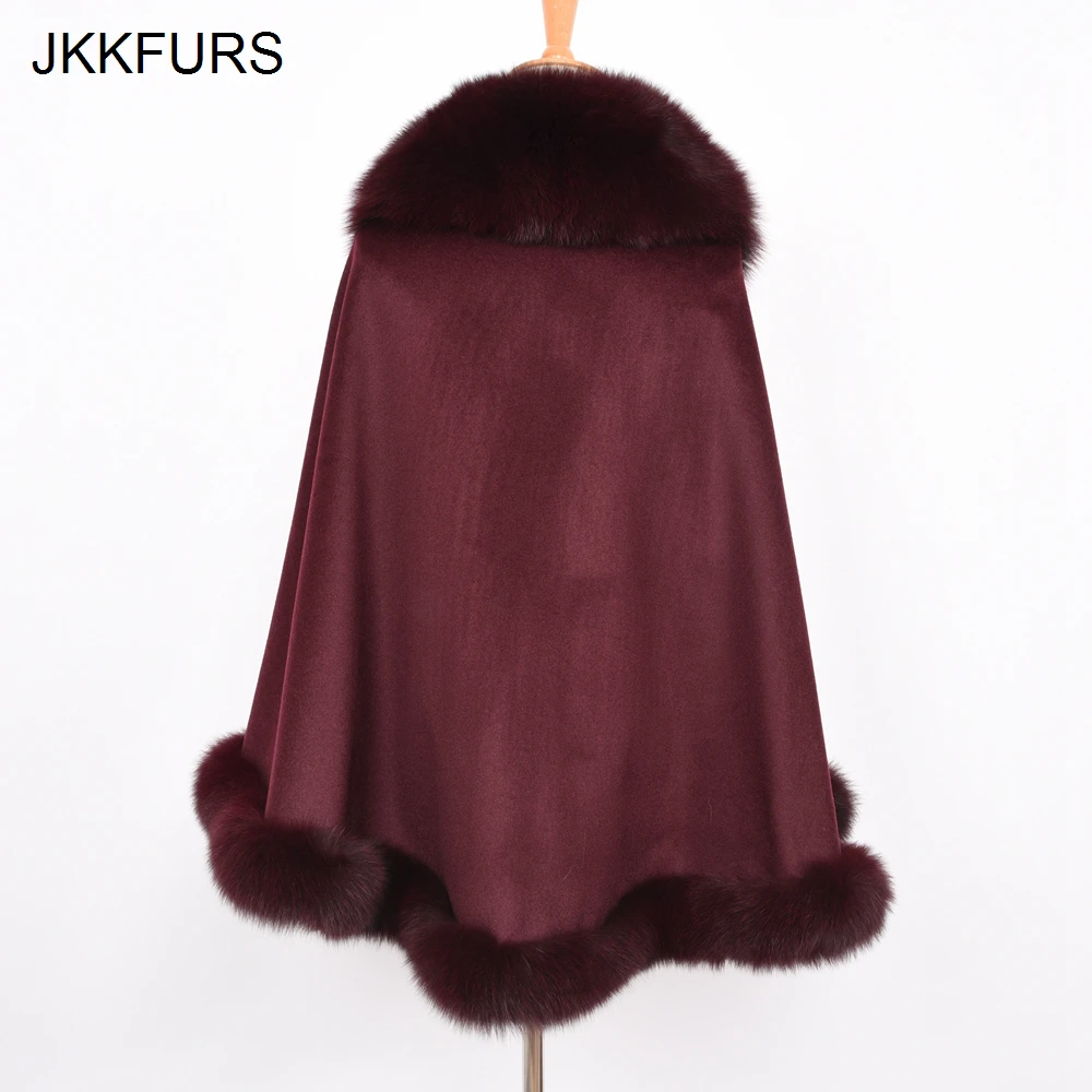 JKKFURS, женское пончо из натурального меха, Воротник из натурального Лисьего меха, отделка и шерсть, кашемир, накидка, модный стиль, зимнее теплое пальто, S7358
