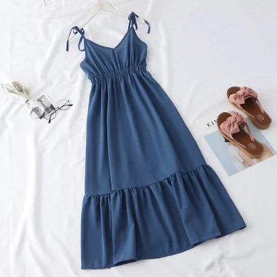 navy blue SINGRAIN женское однотонное длинное платье на лямках праздничное элегантное романтичное корейское Шифоновый Сарафан с рюшами - Цвет: navy blue