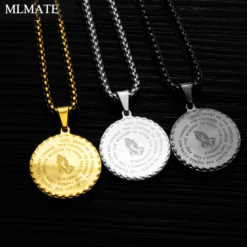 

Bible Verse Prayer Men Women Necklace with Chain Christian Jewelry Stainless Steel Hand Praying Hands Coin Medal Pendant