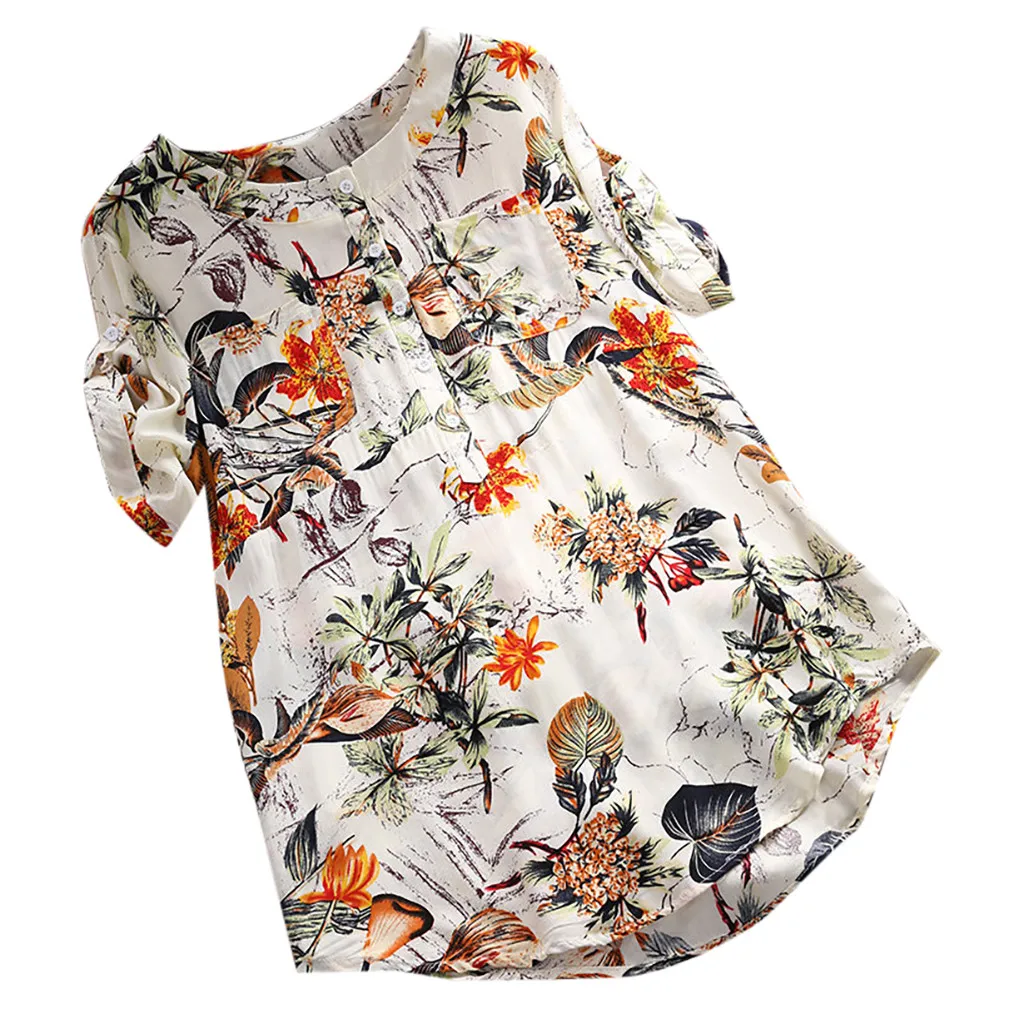 Женская летняя повседневная футболка с цветочным принтом модная льняная