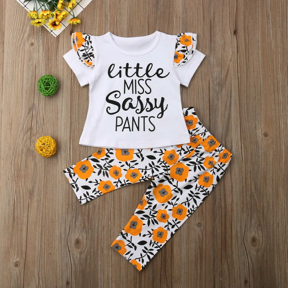 Модный комплект одежды для маленьких девочек с буквенным принтом и цветочным