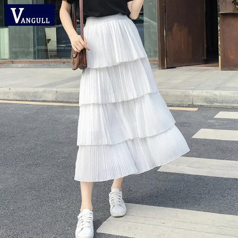 Женская плиссированная юбка Vangull черно белая шифоновая многослойная с высокой