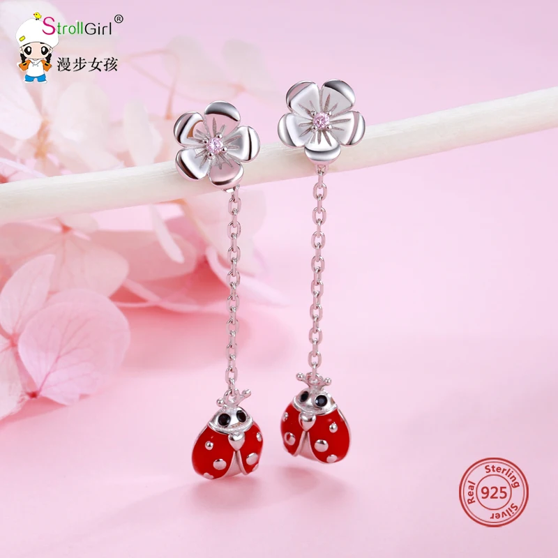 Strollgirl Authentic 925 Sterling Silver Cute Red Enamel Ladybug Stud Earrings Long Tassel Animal Earring Fashion Gift for Women | Украшения