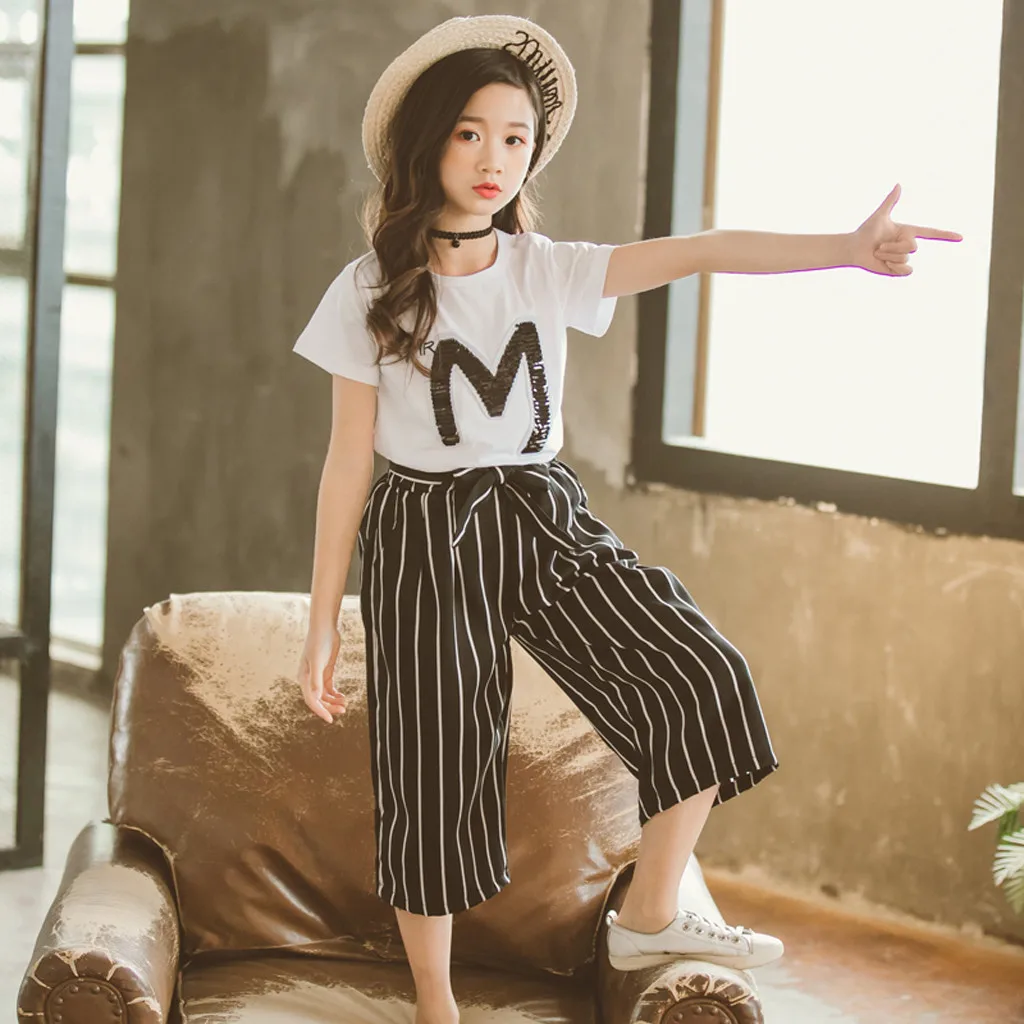 

Summer New Fashion Teen Kids Girls Letter Sequin Short Sleeve Tops Stripe Wide Leg Pants Outfits Set Wholesale Free Ship Z4