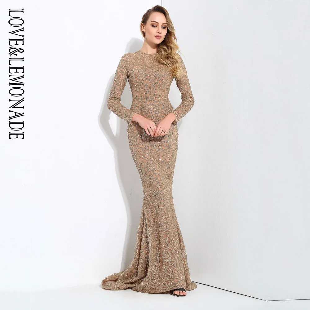 Женское блестящее платье LOVE & LEMONADE длинное золотистое в форме лозы и хвоста