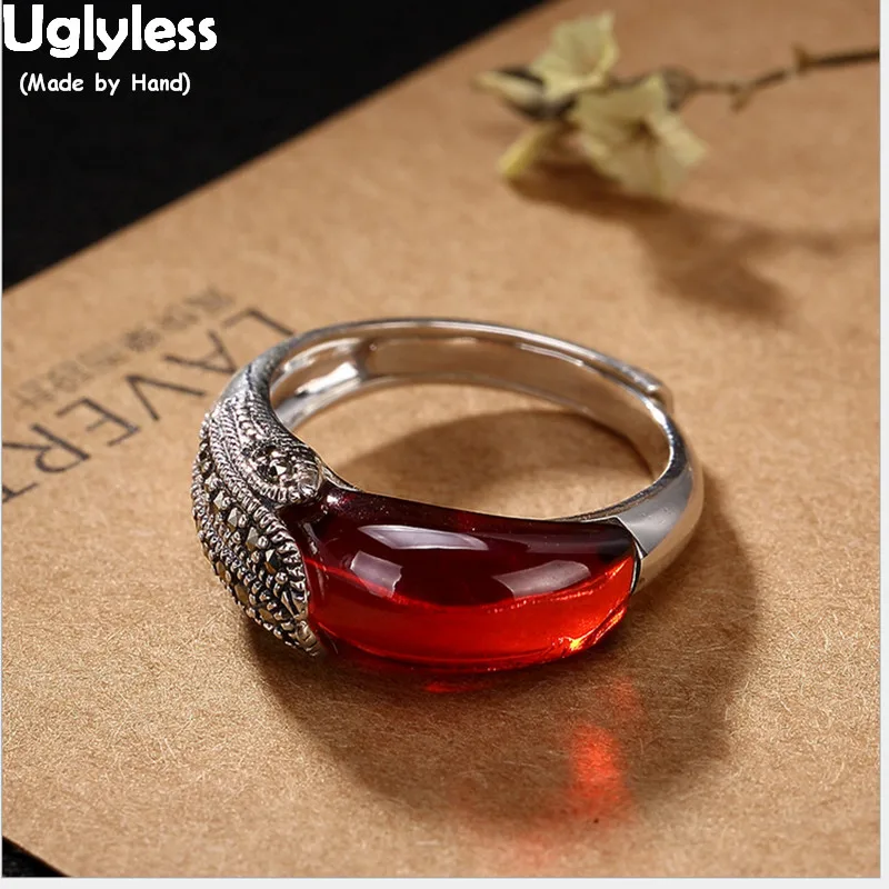 

Uglyless Real 925 Sterling Silver Creative Peacock Feather Rings for Women Vintage Thai Silver Rings Chalcedony Wild Open Ring