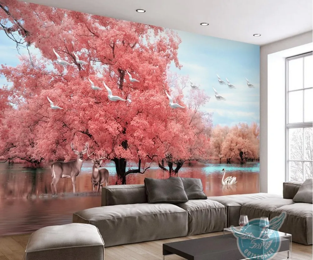 Розовые экстра большие настенные фрески большое дерево животное Лебединое озеро