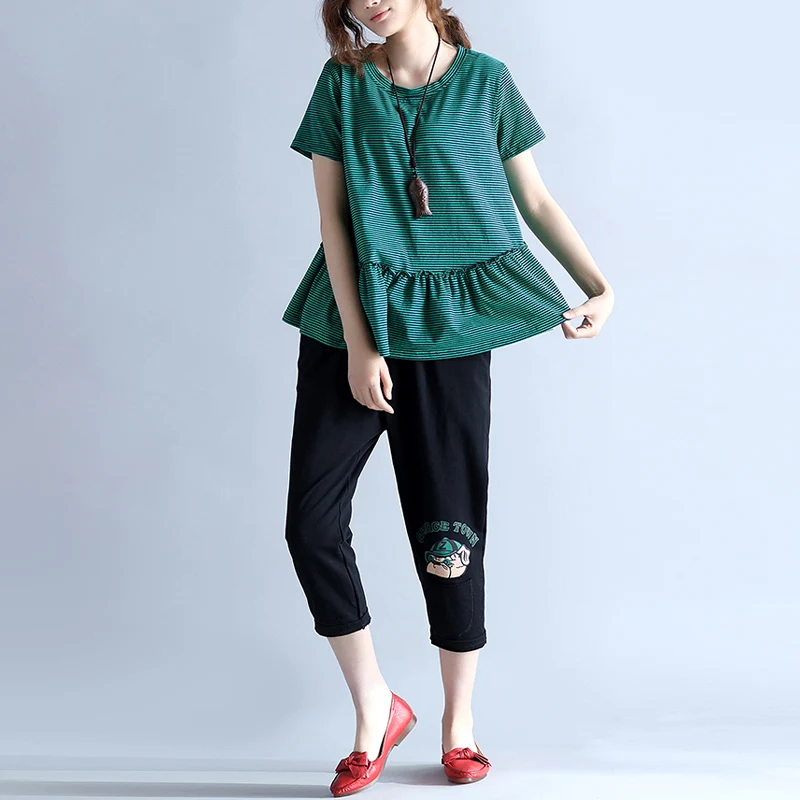 Doornot Women Plus size Tops Summer Casual A-line Loose Short sleeve Striped Ruffles Cotton Green Large T-shirts Tees | Женская одежда