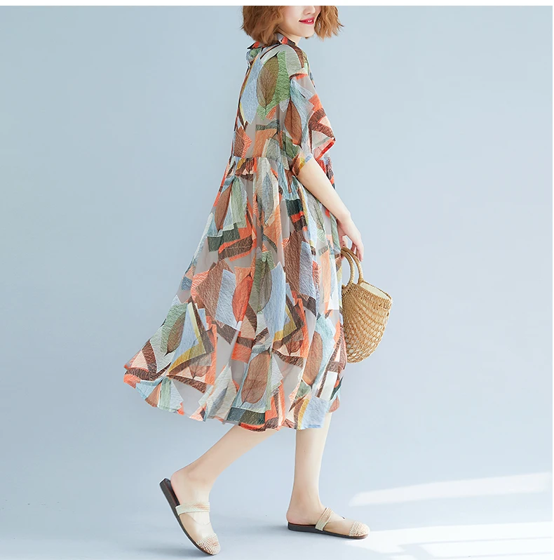 Летние Для женщин Print Draped листьев свободные шифоновое пляжное платье отложным