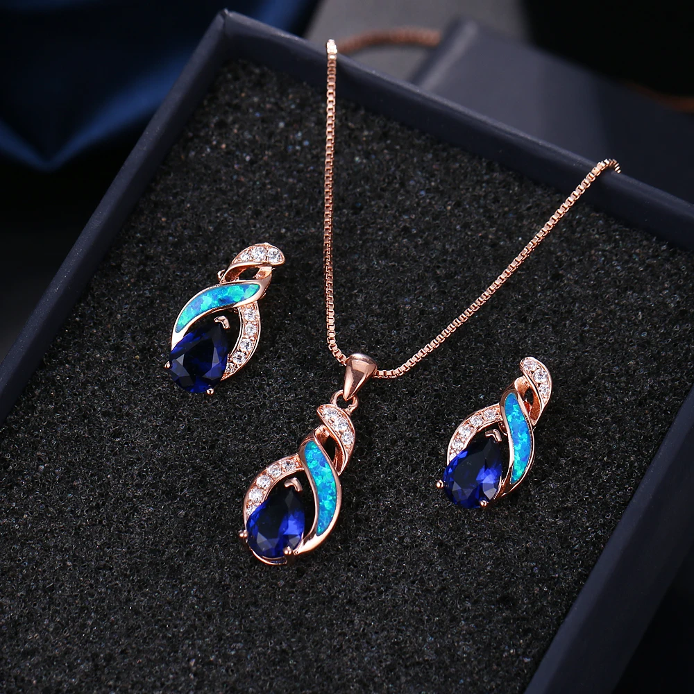 

Розовое золото покрытием камень рождения синий опал сапфири украшения для серег кулон ожерелье комплекты украшений для женщин JS5