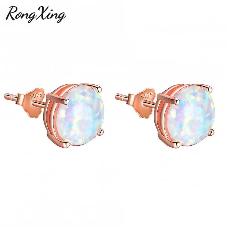 Круглые серьги гвоздики RongXing из розового золота с белым огненным опалом 6/8 мм для