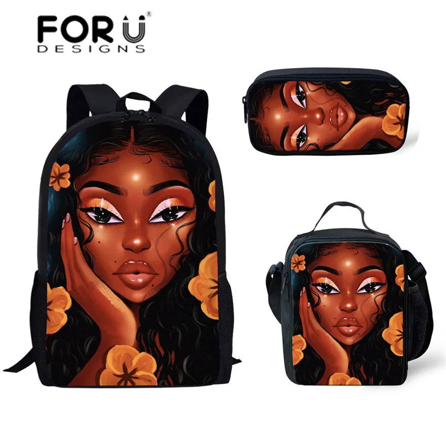 Школьные ранцы для девочек FORUDESIGNS 3 шт./компл., сумка через плечо для книг, детская черная женская школьная сумка с художественной Африканско...
