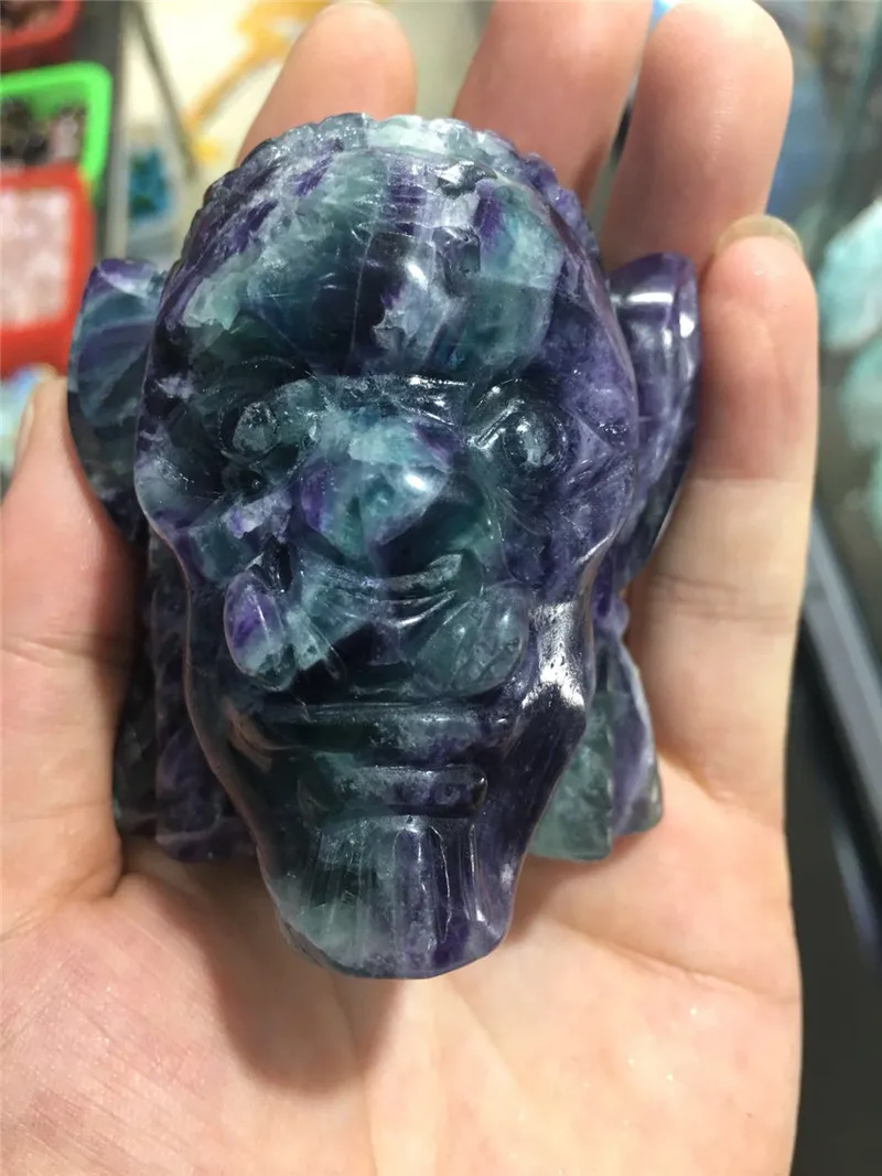 

Christmas decorations, New Year gifts.Natural fluorite carved orc skulls, crystal carved alien skulls