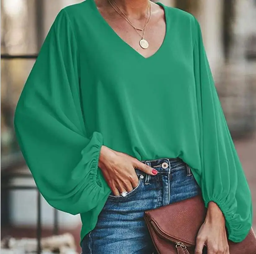 green Baharcelin 4XL 5XL летние женские рубашки для девочек топы Летняя однотонная втулка Свободная шифоновая блузка рубашка плюс размер верхняя одежда - Цвет: green