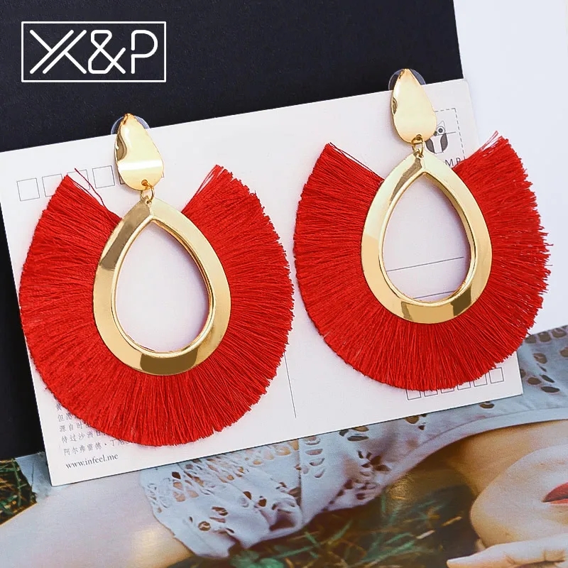 Модные богемные большие серьги кисточки X & P эффектные золотые ручной работы