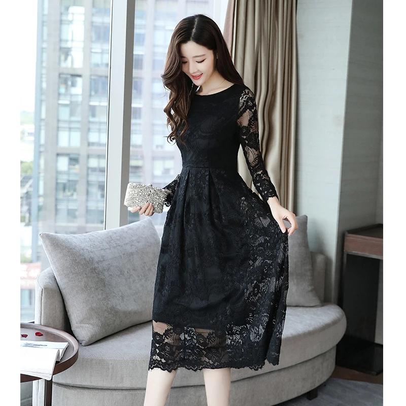2018 осень зима новый плюс размеры Винтаж кружево черный миди платья для женщин