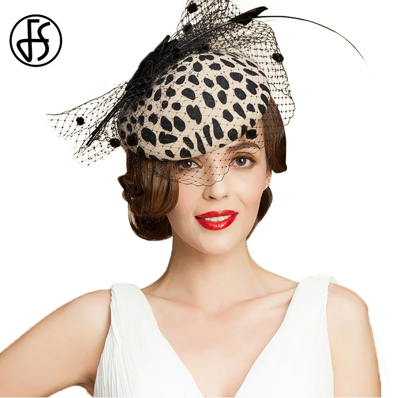 

FS Vintage Pillbox Hat Leopard Printed With Veil 100% Australian Wool Bowknot Felt Fascinators Fedora Hat Elegant Wedding Cap