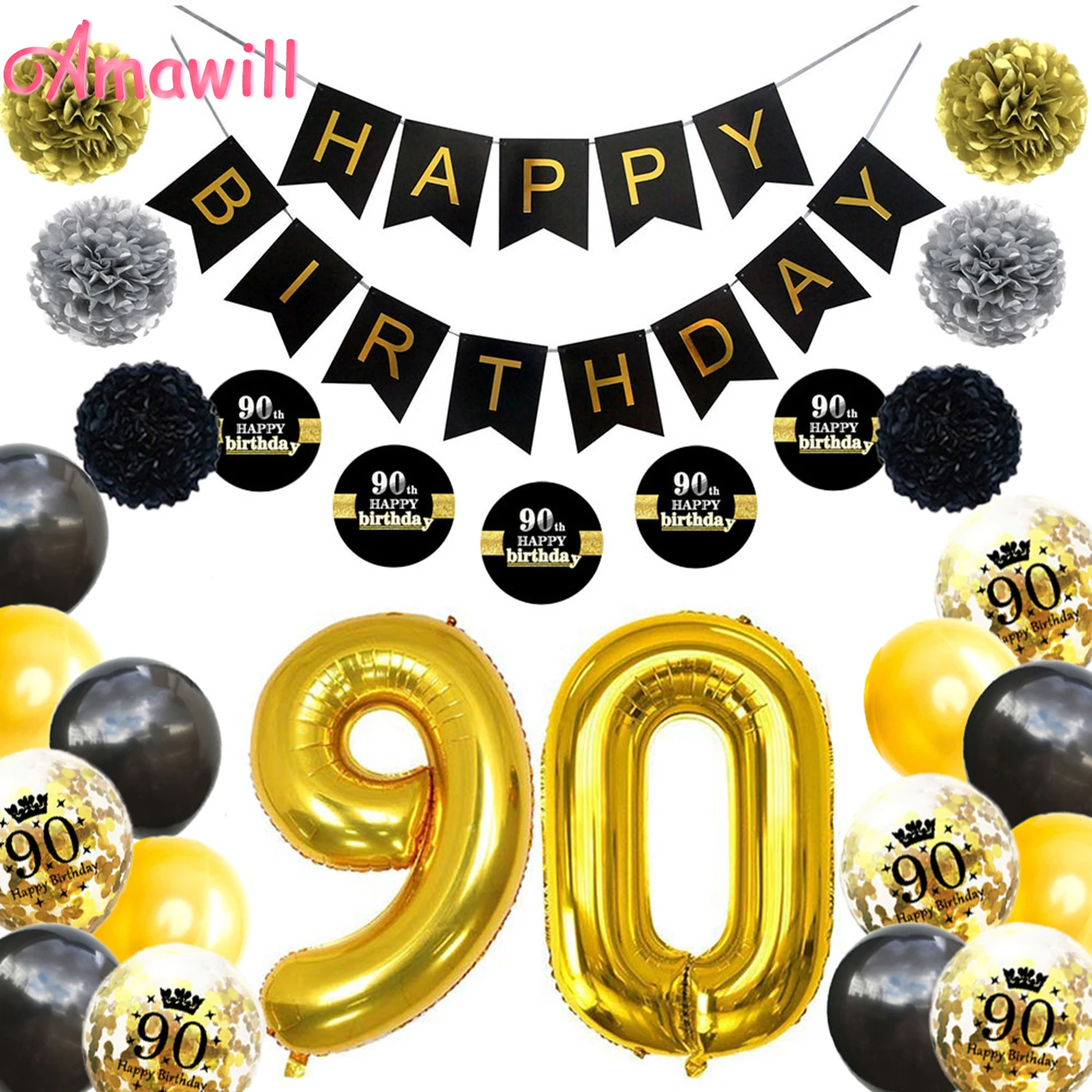 Товары для вечерние Amawill 90 лет баннер на день рождения черно золотой латексный
