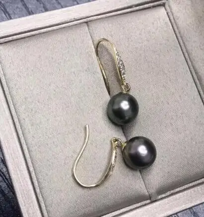 

Free shipping 925 Sterling Silver Crochet charm pair of 10-11mm tahiti round black green pearl earring