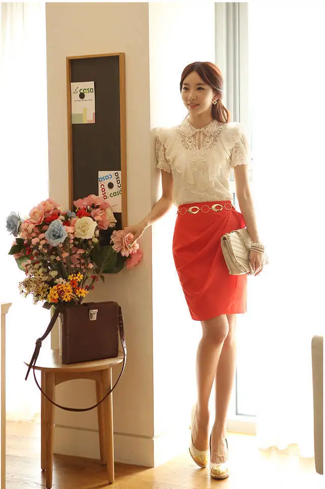 Wholesale New Fashion Hot Sale S/M/L/XL/XXL Elegant Summer Shirt Women White Ruffle And Beading Short Sleeve Lace Tops Blouses |