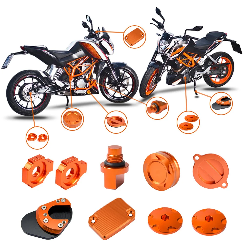 

For KTM 125 200 390 Duke 2011-2015 Rear Axle Blocks Oil Filter Cover Front Rear Brake Reservoir Cap Kickstand Pad Engine Plug