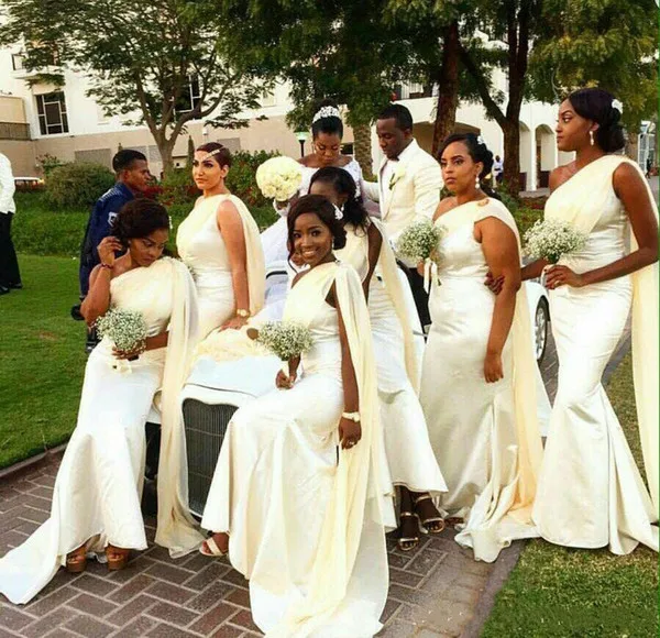 

African Satin Bridesmaid Dresses with One Shoulder Draping Maid of Honor Formal Wedding Guest Gowns abiye gece elbisesi