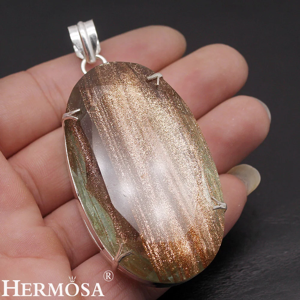 Huge Oval Natural Dichroic Glass 925 Sterling Silver Color Pendant Necklace Charms Jewelry 3 3/8 INCH TF83 | Украшения и