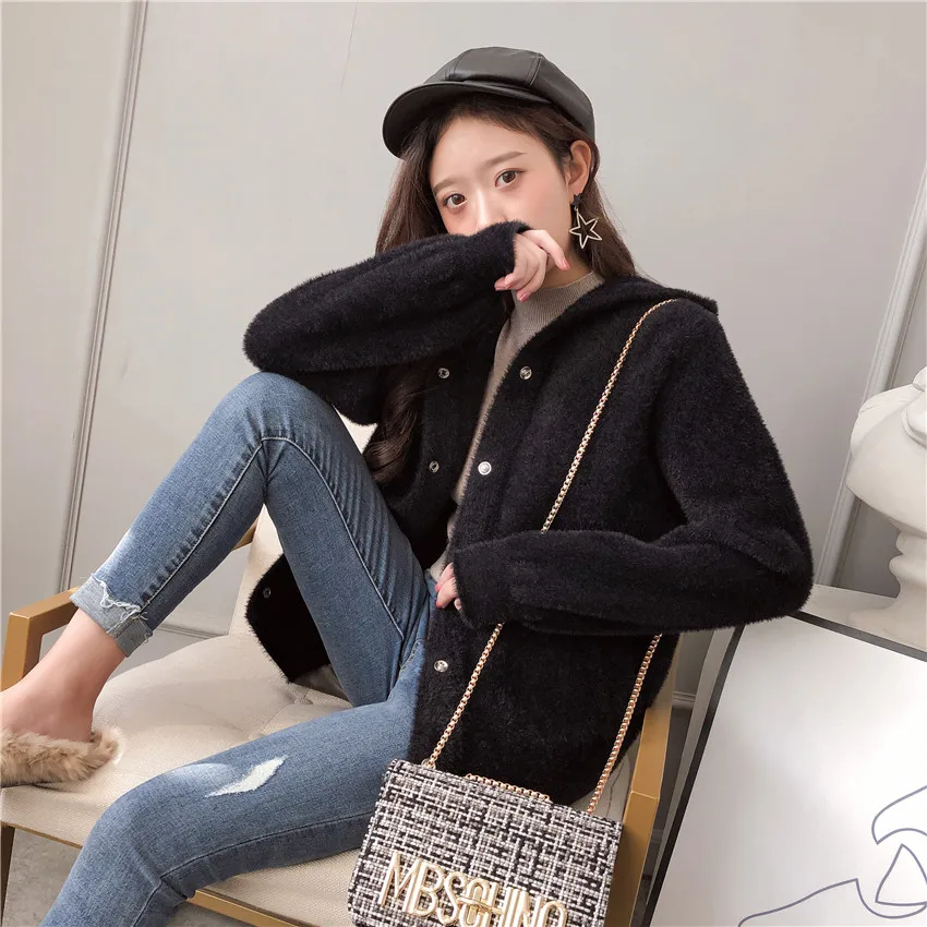 Autumn Winter Mink Cashmere Cardigan Hooded Coat Sweater Women Fashion Button Casual Sweaters Thick Warm Outerwear Female |