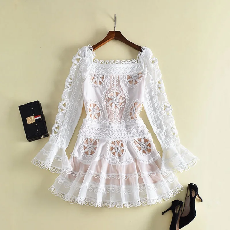 New Summer Designer White Dress Women's BOHO Hollow Out Flower Cute Princess Appliques Embroidery Cutout Party Beach | Женская