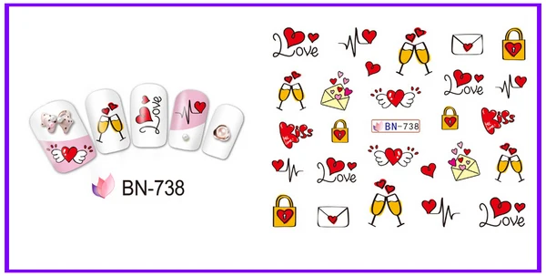 UPRETTEGO 12 упак./лот переводка NAIL ART наклейки на ногти цветок ручной работы розы с милыми сердечками и поцелуй губы торт на День святого Валентина BN733-744
