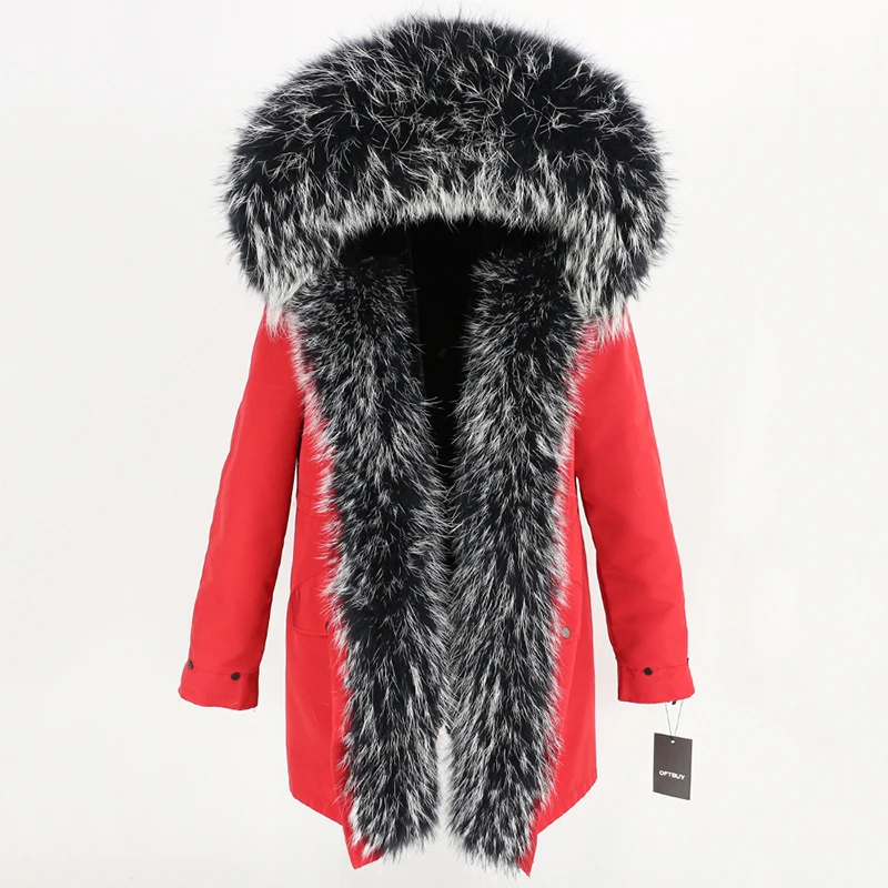 red black W Женская парка с мехом енота OFTBUY, черное водонепроницаемое пальто на меху, с большим капюшоном с отделкой из натурального меха енота, верхняя одежда со съемным мехом, зима - Цвет: red black W