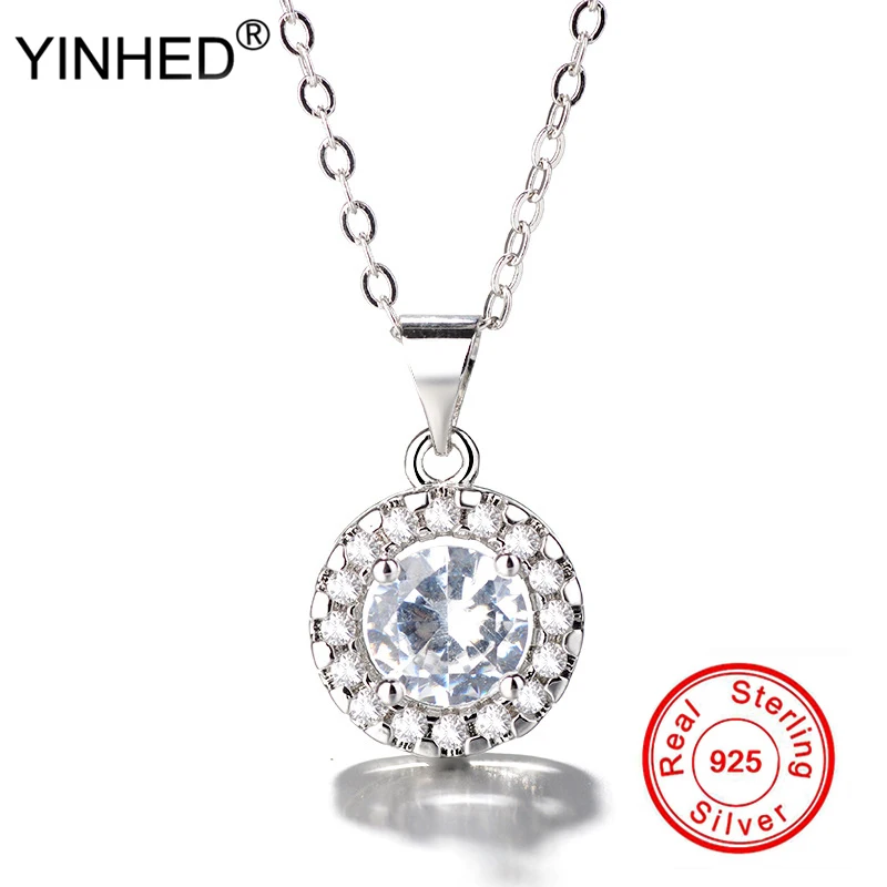 YINHED Настоящее серебро 925 пробы ожерелье с 1 карат круглым CZ Dimant свадебное для