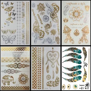 6 шт.лот горячая вспышка металлическая Водонепроницаемая временная татуировка золотые серебряные татуировки для женщин Хна Цветок тату дизайн Татуировка наклейка