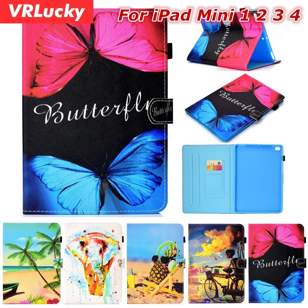 VRLucky для Ipad Mini 1 2 3 4 Чехол бабочка слон пляж шаблон Флип Стенд PU кожаный чехол|Чехлы